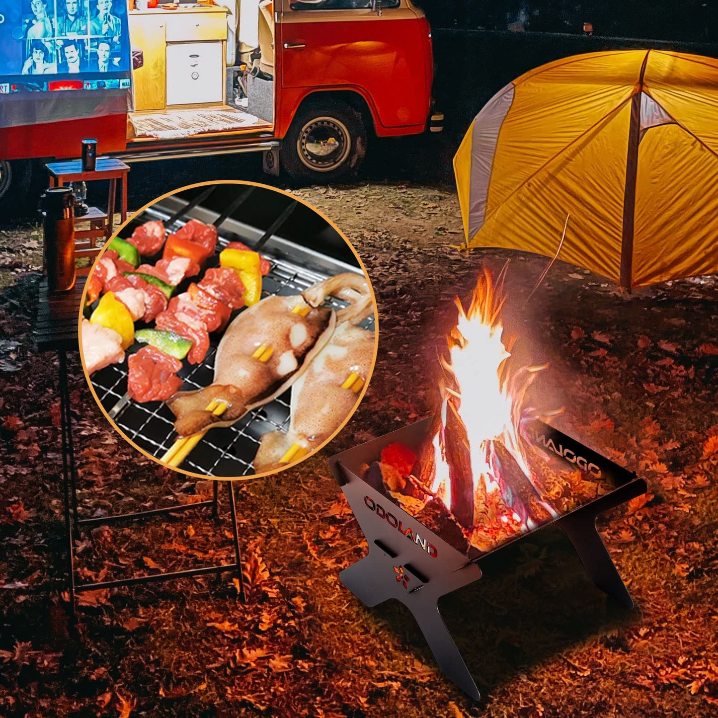 Odoland Camping Fire Pit, Portable Fire Pit for Camping, 2 in 1 Wood Burning Fire pit Grill with Detachable Cooking Grate for Outdoor BBQ, with Carry Bag