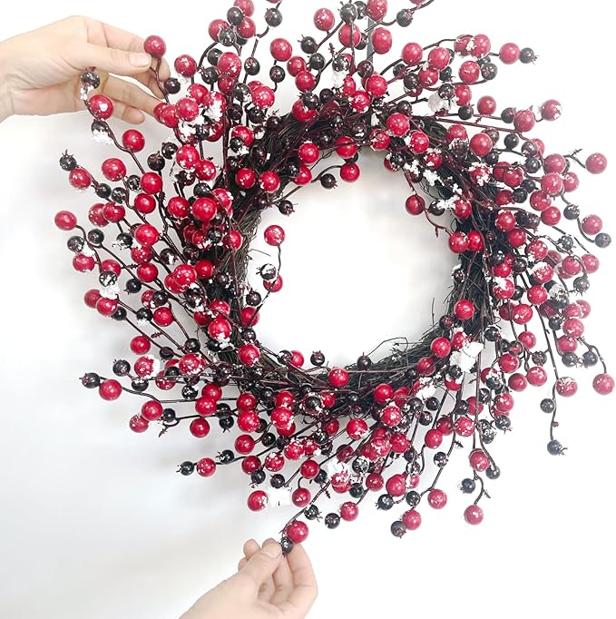 Red Berry Wreath, 20" Christmas Wreath with Red and Black Berry, Handmade Winter Wreath Christmas Wreaths for Front Door Home Indoor Outdoor Xmas Decor