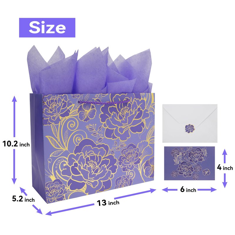 Qirrmiy 13" Large Rose Purple Gift Bag Set with Greeting Card and Tissue Paper for Women or Girls for Celebrating Birthdays, Mother's Day, Valentine's Day, Weddings, Anniversaries