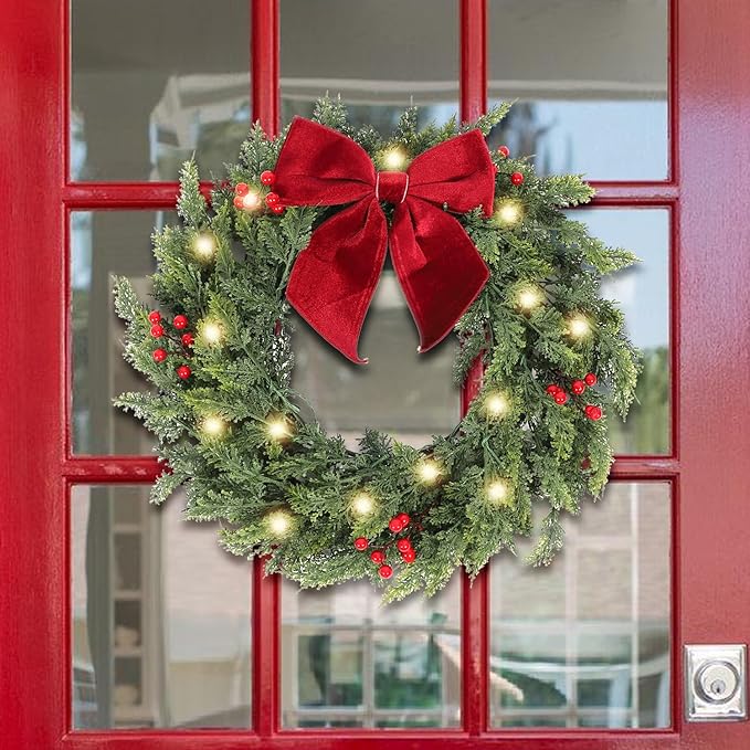 30 Inch Christmas Wreaths for Front Door with Lights,Lighted Cedar Door Wreath,Prelit Real Touch Artificial Green Winter Wreath with Large Burgundy Velvet Bow for Indoor Outdoor Decor