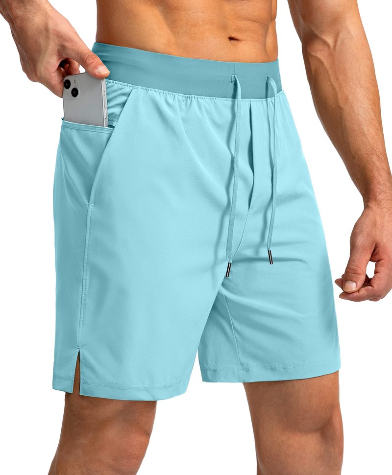 Soothfeel Men's Running Shorts with Zipper Pockets 7 Inch Lightweight Quick Dry Gym Athletic Workout Shorts for Men (Light Blue, L)