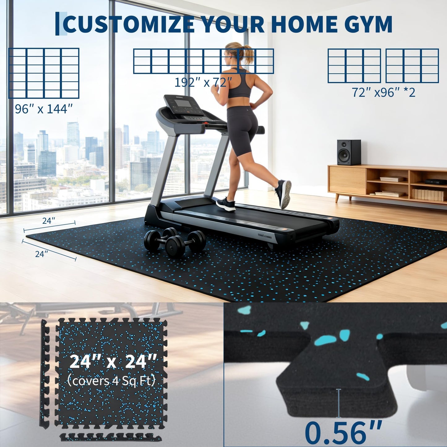 0.56" Thick 48 Sq ft Exercise Equipment Mats,12 Tiles Rubber Interlocking Puzzle Gym Flooring with High Density EVA Foam for Home Gym, Heavy Weight Workout, 24 x 24in Black/Blue
