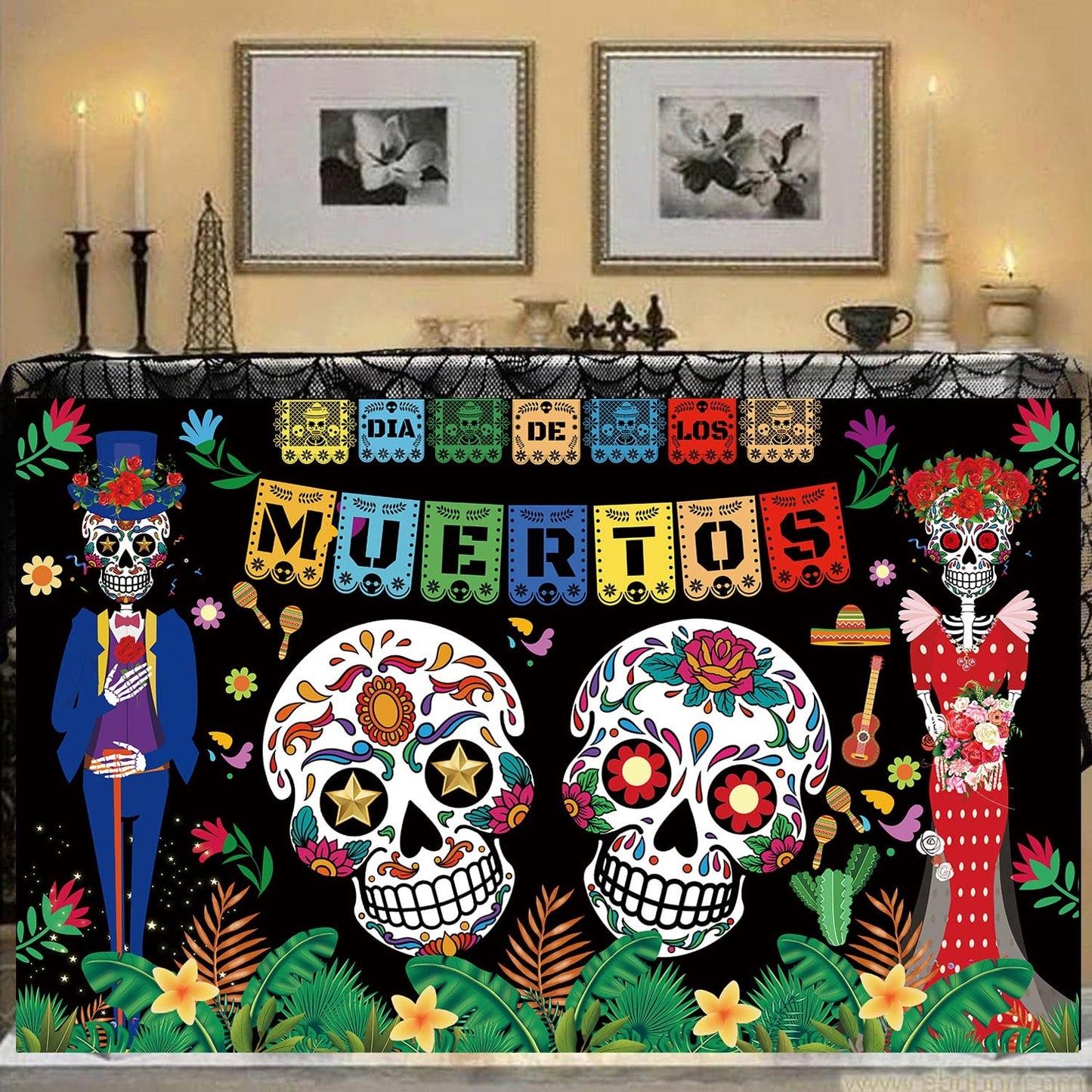 Famoby Day of The Dead Backdrop Dia DE Los Muertos Extra Large Fabric Banner for Halloween Party Mexican Fiesta Skull Photography Party Decoration