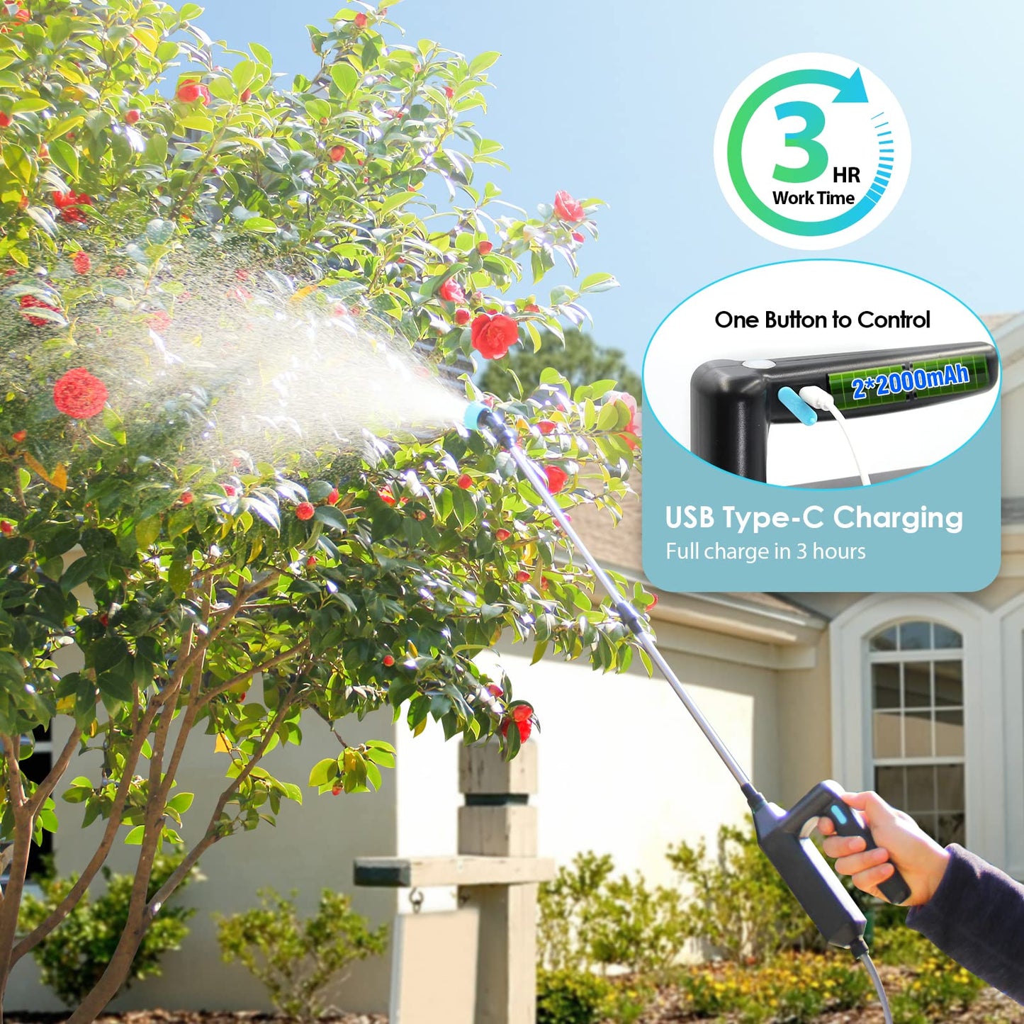 Battery Powered Sprayer 1.35Gallon, Upgrade Garden Sprayer with 3 Mist Nozzles, USB Rechargeable Handle and Retractable Wand with Adjustable Shoulder Strap for Lawn,Garden,Cleaning