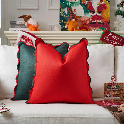 Mayler Yee Christmas Throw Pillow Covers | Decorative Pillow, Fabric Feels a Little Stiff | Scalloped Sytle for Living Room (One Red and One Green Pillow Covers, 18x18 Inch)