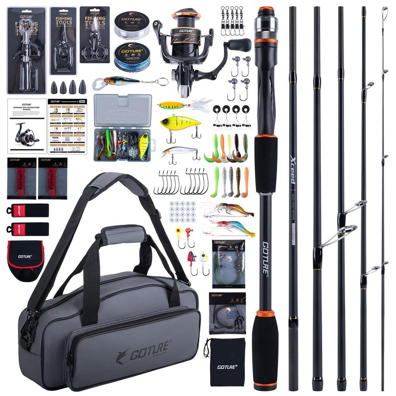Goture Fishing Pole and Reel Combo, Portable Fishing Rod and Reel,Compact Fishing Gear for Travel, Lure Fishing Rod Combo Carbon Fiber 6-Piece Rod with Reel Lines Lures Tools and Storage Bag