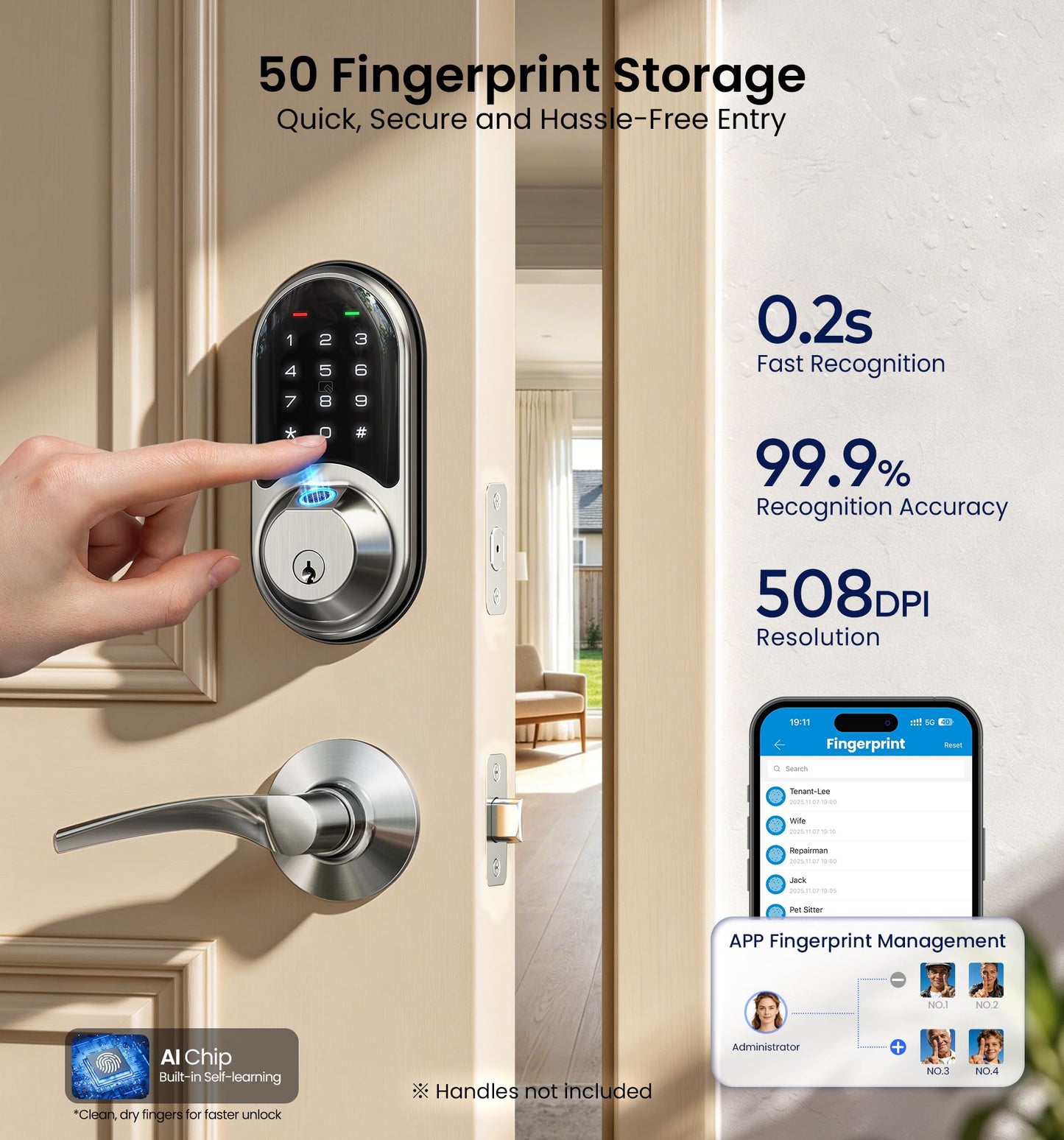 Veise RZ07 Fingerprint Smart Lock, 7-in-1 Smart Locks for Front Door, Keyless Entry Door Lock with App Control & Auto-Lock, Biometric Electronic Touchscreen Keypad Deadbolt, Satin Nickel