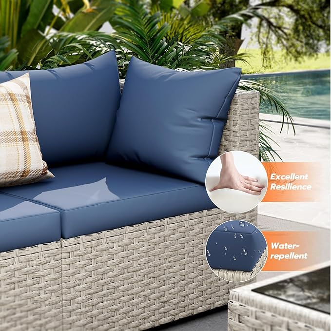 UDPATIO Patio Furniture Set with Fire Pit Table, 8 Pieces Outdoor Sectional Sofa, PE Wicker Patio Conversation Set for Garden, Backyard Blue
