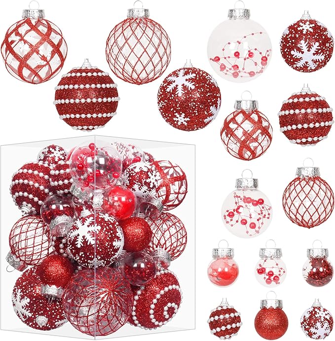 Super Holiday Christmas Ball Ornaments, 33PCS Red Clear Shatterproof Plastic Foam Ornaments Set for Hanging Xmas Tree Holiday Thanksgiving Party Decor.