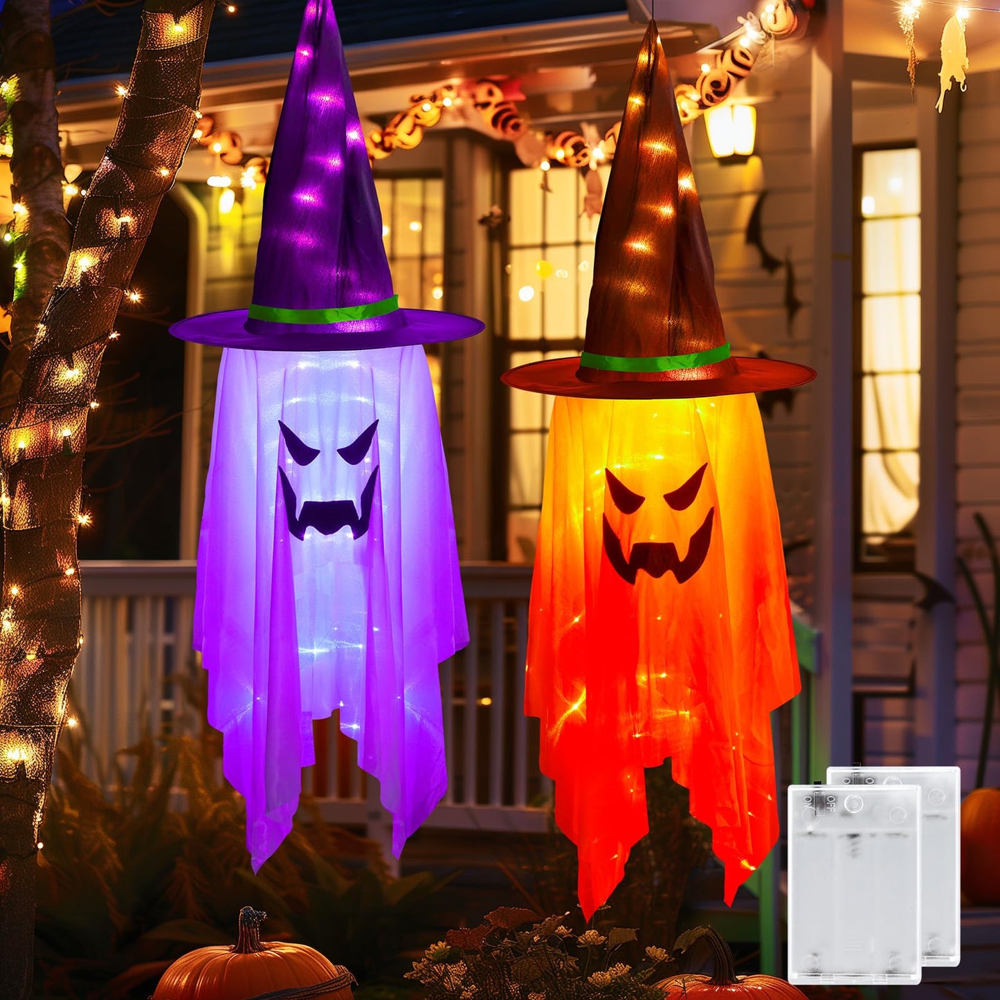 Minetom Halloween Lights Battery Operated, 2PC Large Hanging Witch Hats Lights, Total 40 LED, Glowing Ghost Witch Hat Light, Halloween Light Decoration for Outdoor Tree Indoor, Orange and Purple
