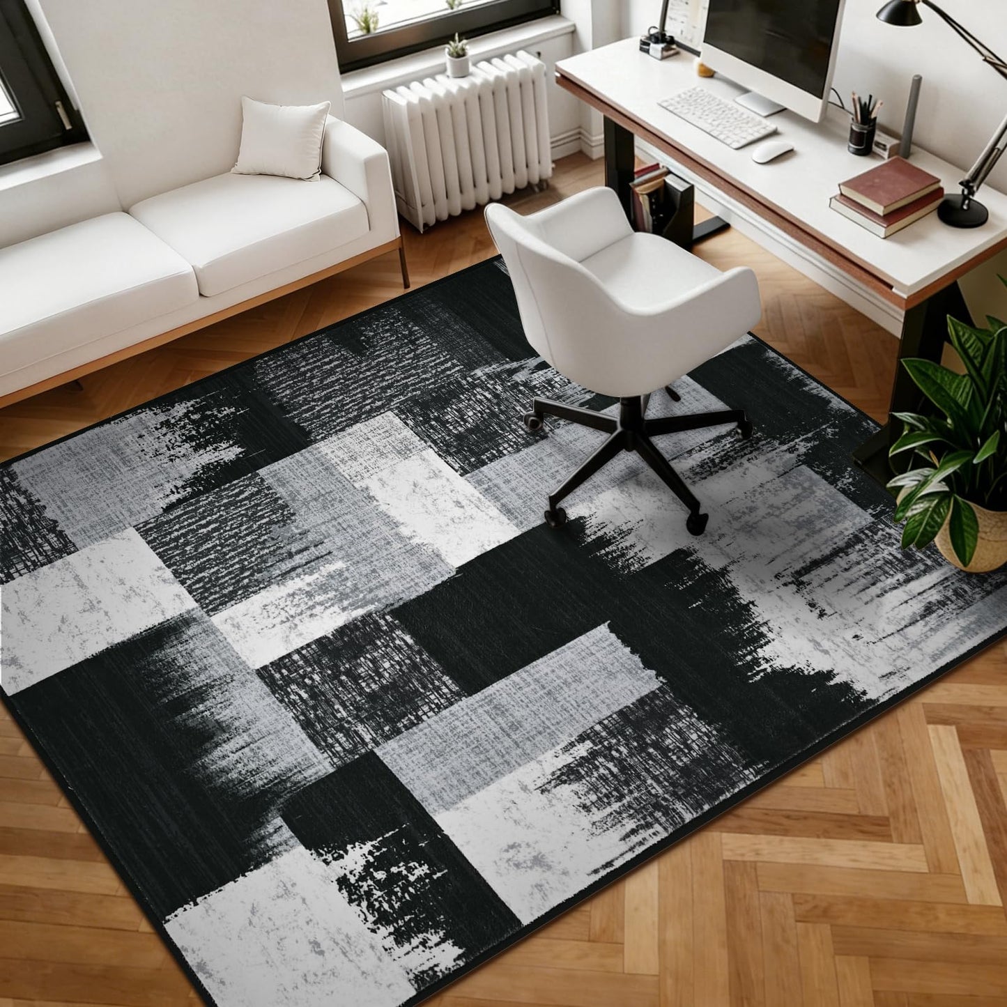Yinhua Modern Geometric 4x6 Rug, Patchwork Grey Rugs for Living Room Washable Abstract Area Rug Non Slip, Soft Bedroom Rugs Stain Resistant, Mid Century Low Pile Carpet for Dining Room, Office