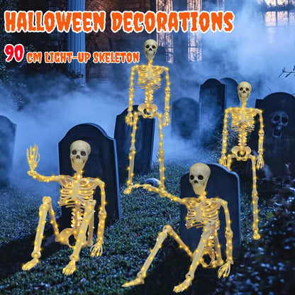 2 Pack 36 Inches Halloween Skeleton Decoration, 3 FT Light Up Halloween Skeletons Full Body with Movable Posable Joints for Decor Outdoor Indoor Yard Garden Lawn (with White Light)