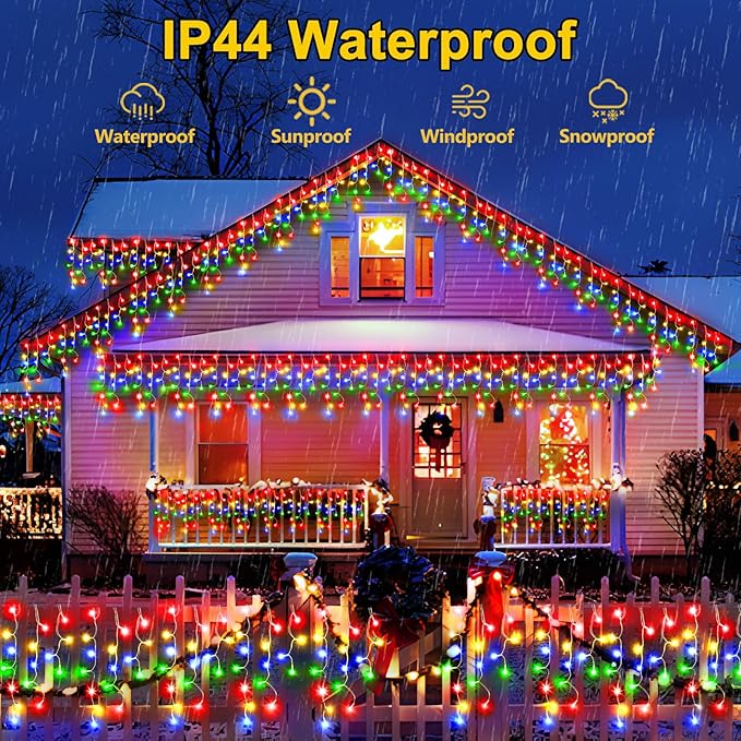 SAUIRS 2Pack 320 LED Christmas Lights Outdoor Decorations with 120 Drops Timer 8Mode 66FT Curtaing Lights Waterproof Plug in Fairy Lights for Indoor,Xmas,Party,Patio,Window,Trees Decor(Multicolor)