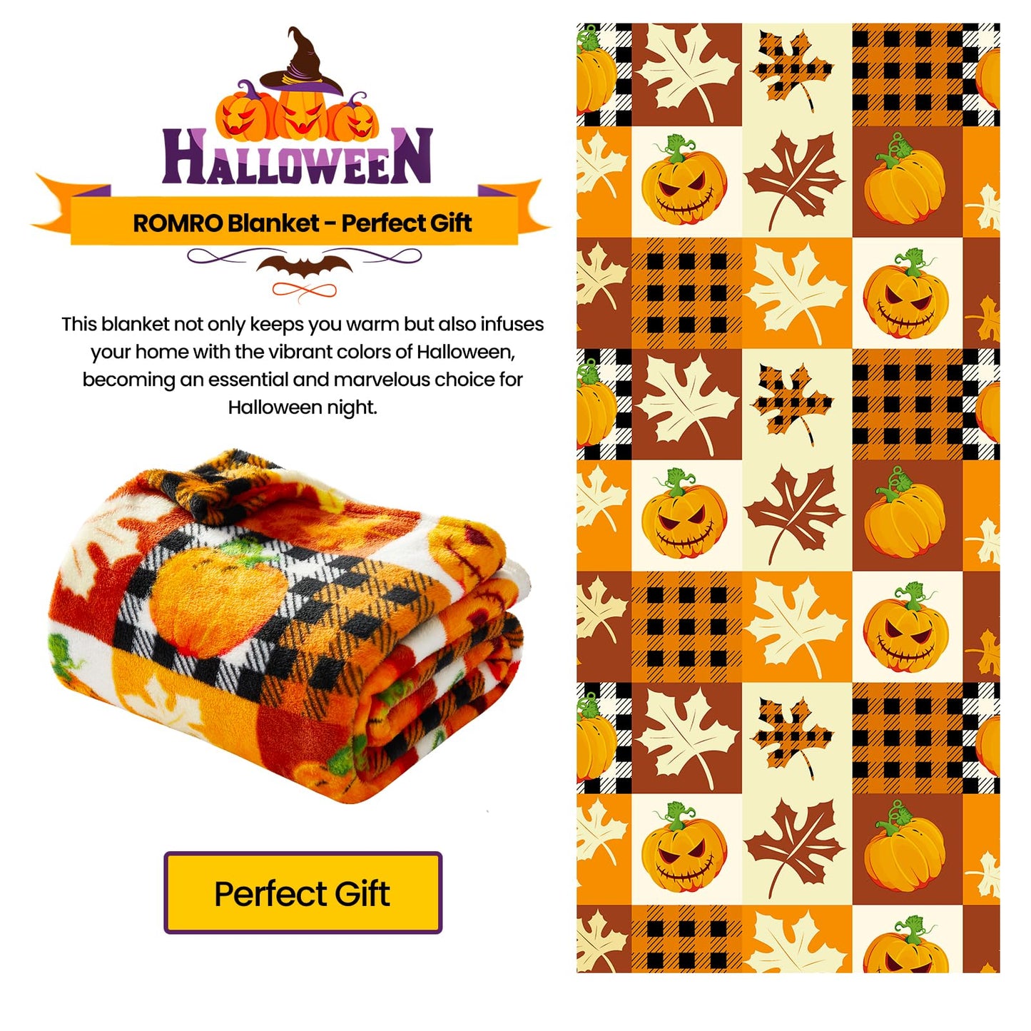 ROMROL Halloween Fleece Throw Blanket, Pumpkin, Leaves Fall Plaid Blanket, Soft Fuzzy Plush for Couch Sofa or Bed, Luxury Flannel Lap Blanket, for Kids, Adults, Wife, Self (50" x 60")