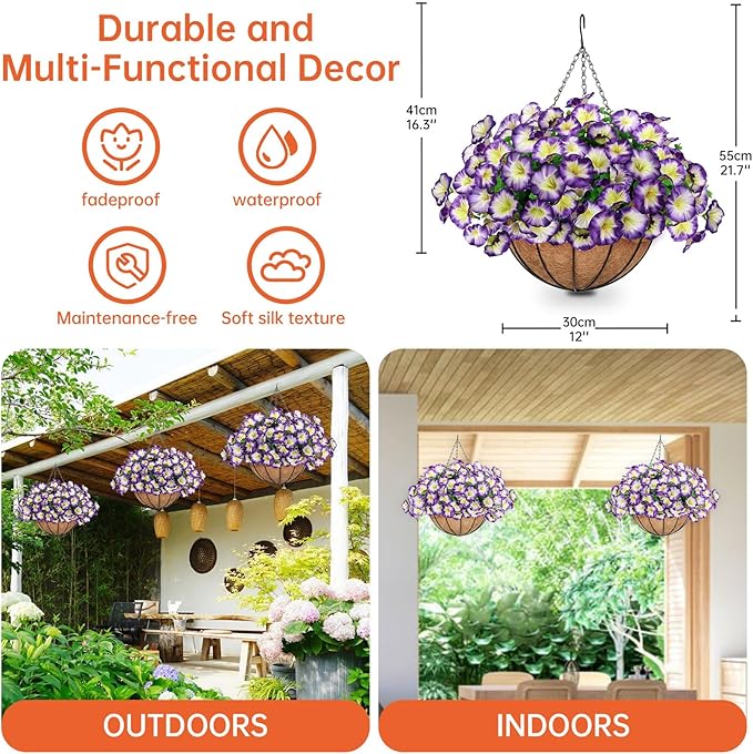 Artificial Hanging Flowers Basket, Fake Plants, Faux Silk Petunias Eucalyptus, for Spring Summer Outdoor Decoration, UV Resistant, Coconut Planter wtih Morning Glories, for Patio Garden Decor (Purple)