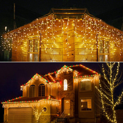 Janchs 304 LED Solar Christmas Icicle Lights Outdoor Decorations, 8 Modes Waterproof Icicle Fairy Lights for Outside Holiday, Patio, Balcony, Christmas, Window, House Eaves Decorations, Warm White