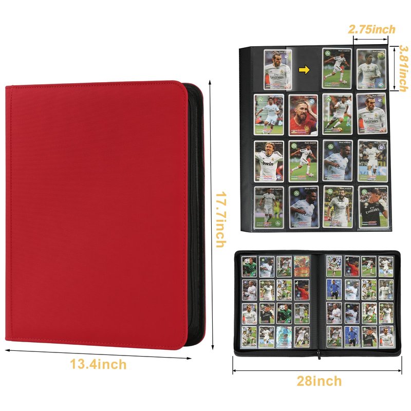 16 Pocket Ringless Side Loading Trading Card Binder, 1024 Cards PU Fixed Page Zipper Card Album for TCG Sports Game Cards, Not Fit Top Loaders (Red)