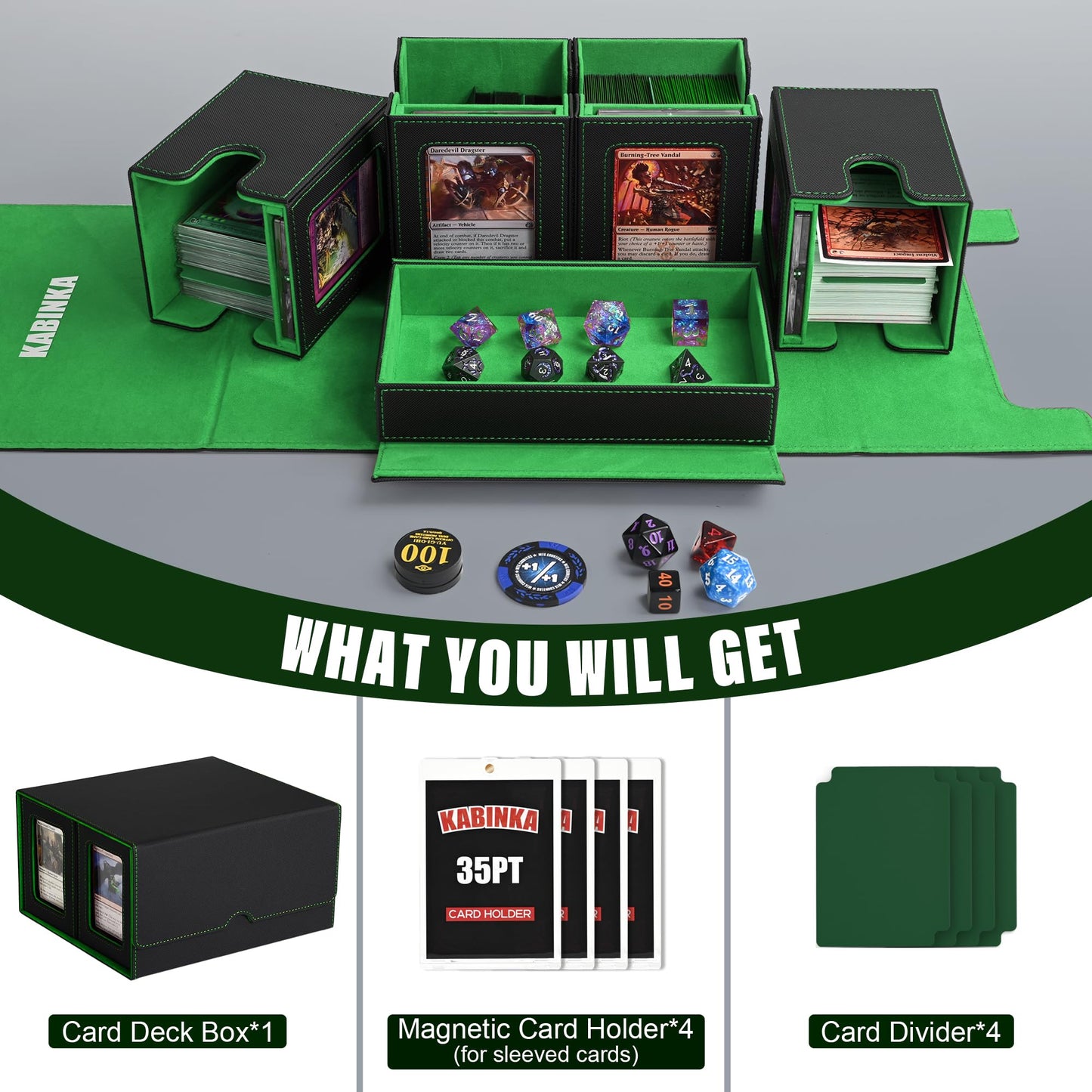 Kabinka Card Deck Box for MTG Commander, Holds 400+ Double-Sleeved Cards, 5 IN 1 Detachable Card Case with Dice Tray, Fits Magic/TCG Cards, 4 Magnetic Card Holders & Dividers (Black Green)