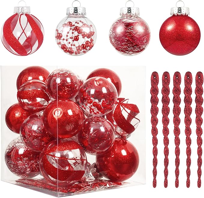XmasExp 32ct Christmas Ball Ornaments Set -Red Clear Plastic Shatterproof Xmas Tree Ball Decorations Hanging Baubles for Holiday Decor