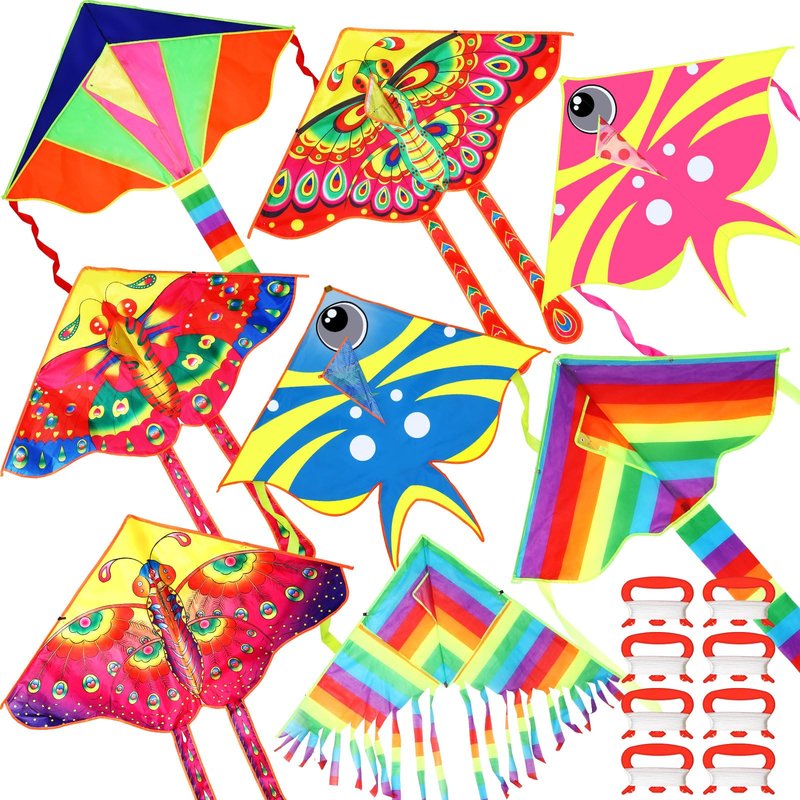 Foilswirl 8 Pack Kites for Kids Butterfly Fish Rainbow Delta Pattern with 8 Pcs 109 Yard Kite String Large Easy to Fly for Children Adults Spring Outdoor Beach Games