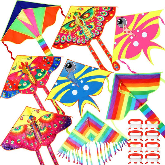 Foilswirl 8 Pack Kites for Kids Butterfly Fish Rainbow Delta Pattern with 8 Pcs 109 Yard Kite String Large Easy to Fly for Children Adults Spring Outdoor Beach Games