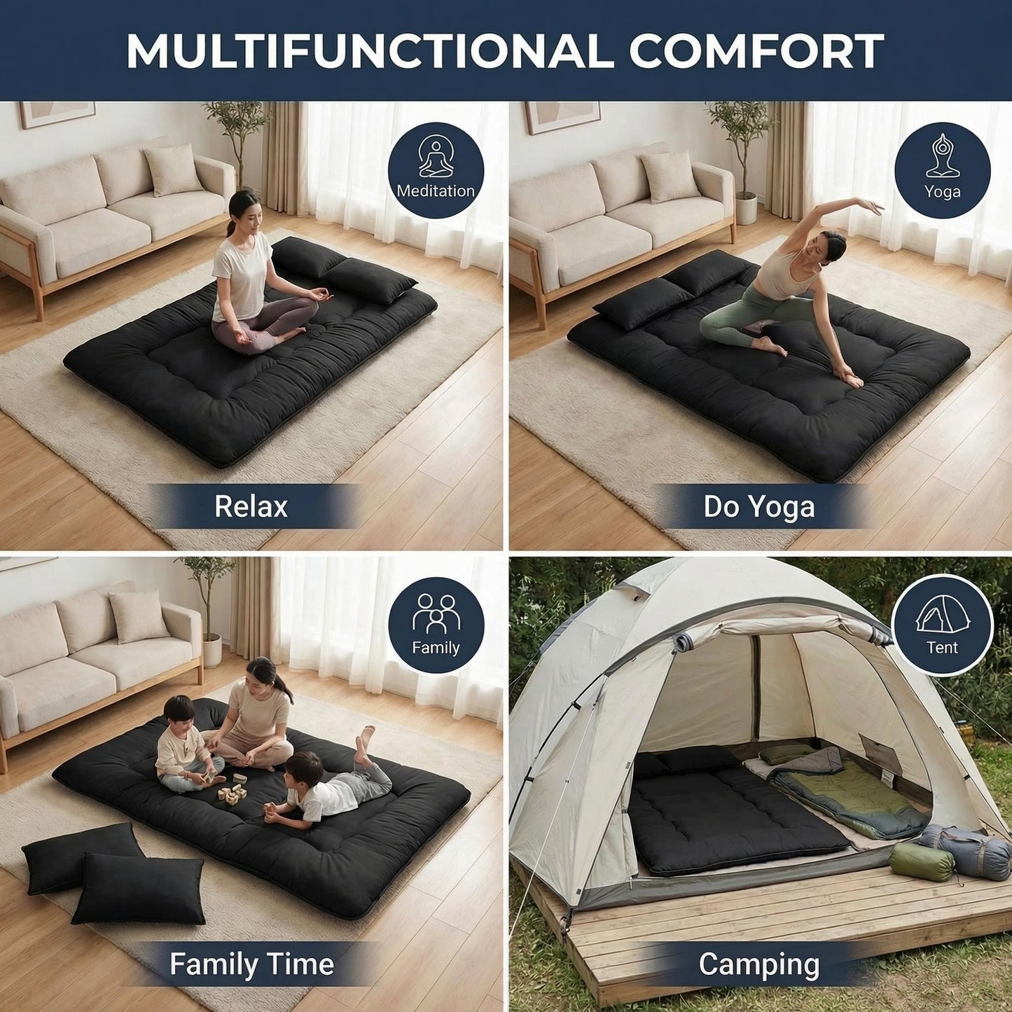 Cosovia Japanese Floor Mattress Futon Mattress, 3.5 Inch Thick Foldable Roll Up Tatami Mat with 2 Pillow Covers, Full Size Floor Bed for Guest Room Dorm Camping Kids, Black
