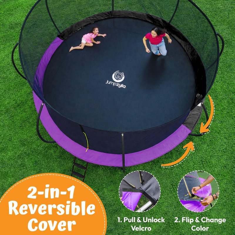 JUMPZYLLA Trampoline Outdoor 8FT 10FT 12FT 14FT 15FT 16FT with Enclosure and Ladder, ASTM Approved Recreational Trampoline for Kids and Adults, Anti-Rust Coated Frame (Purple, 16FT)