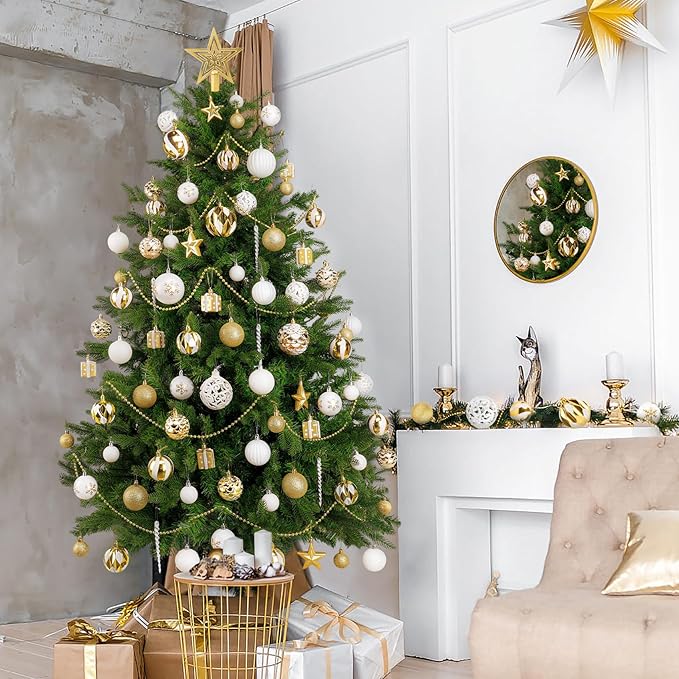 Ouddy Decor 84 Pcs Christmas Tree Ornaments Set, Gold and White Christmas Decorations Shatterproof Plastic Glittery Baubles for Wreath Garland Wedding Party Holiday New Year Home Decor, Gold & White