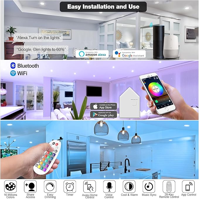 Smart Recessed Lighting 3 Inch, Dimmable, Tunable 2700K~6500K, CRI80+, RGB Color Changing LED Downlight Compatible with Alexa Google Home, Remote Control Small Canless Light, 8Pack