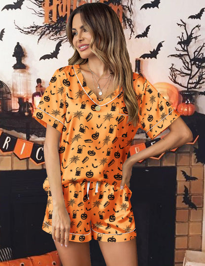 Ekouaer Silk Pajama for Women Short Sleeve Satin Pj Set Two Piece Soft Sleepwear Loungewear Casual Pjs for Summer Orange Ghost Large