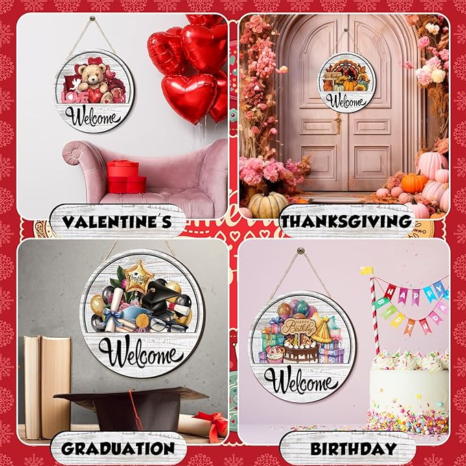 Yousoontic 17 Pcs 12 Inch Magnetic Welcome Door Sign Interchangeable Front Door Decor Rustic Fall Seasonal Hanging Sign Halloween Christmas Decor for Home Warming Gift(Classic Color,Welcome)