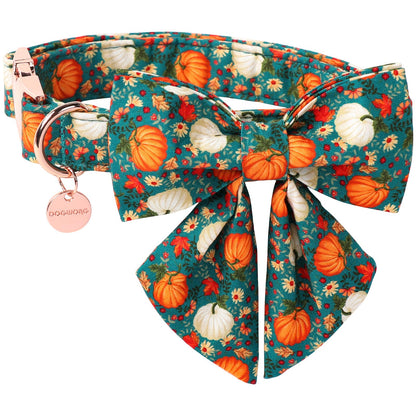 DOGWONG Fall Dog Collar with Bowtie, Halloween Pumpkin Pet Collar in Soft Cotton for Small, Medium & Large Dogs