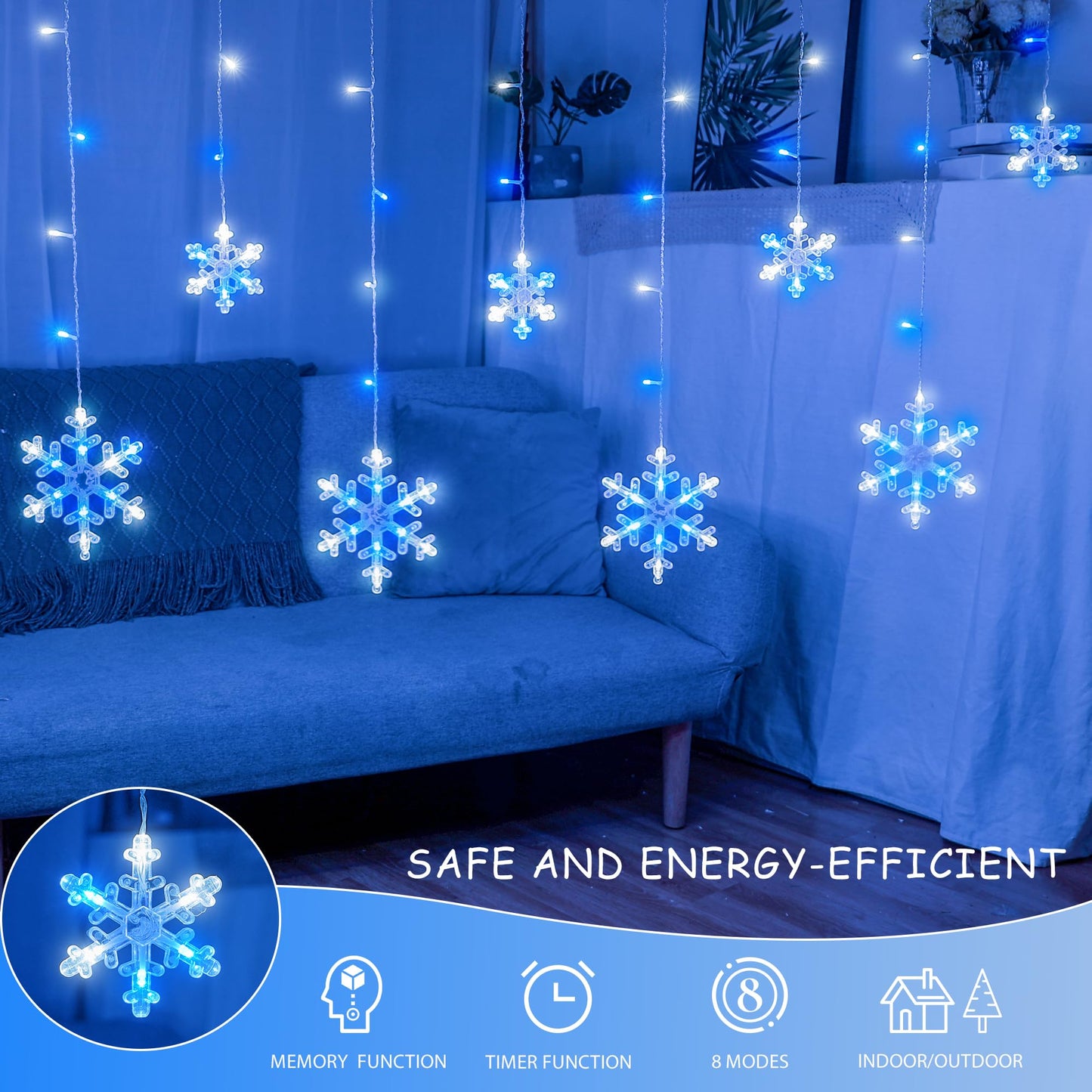 Qunlight Christmas Snowflake Icicle Lights,6.5ft 144LED Curtain Lights with 12 Drops,Timer 8 Modes Connectable,Waterproof Fairy Light for Eaves, Garden, Indoor Outdoor Xmas Decoration (Blue White)