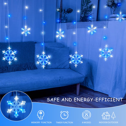 Qunlight Christmas Snowflake Icicle Lights,6.5ft 144LED Curtain Lights with 12 Drops,Timer 8 Modes Connectable,Waterproof Fairy Light for Eaves, Garden, Indoor Outdoor Xmas Decoration (Blue White)