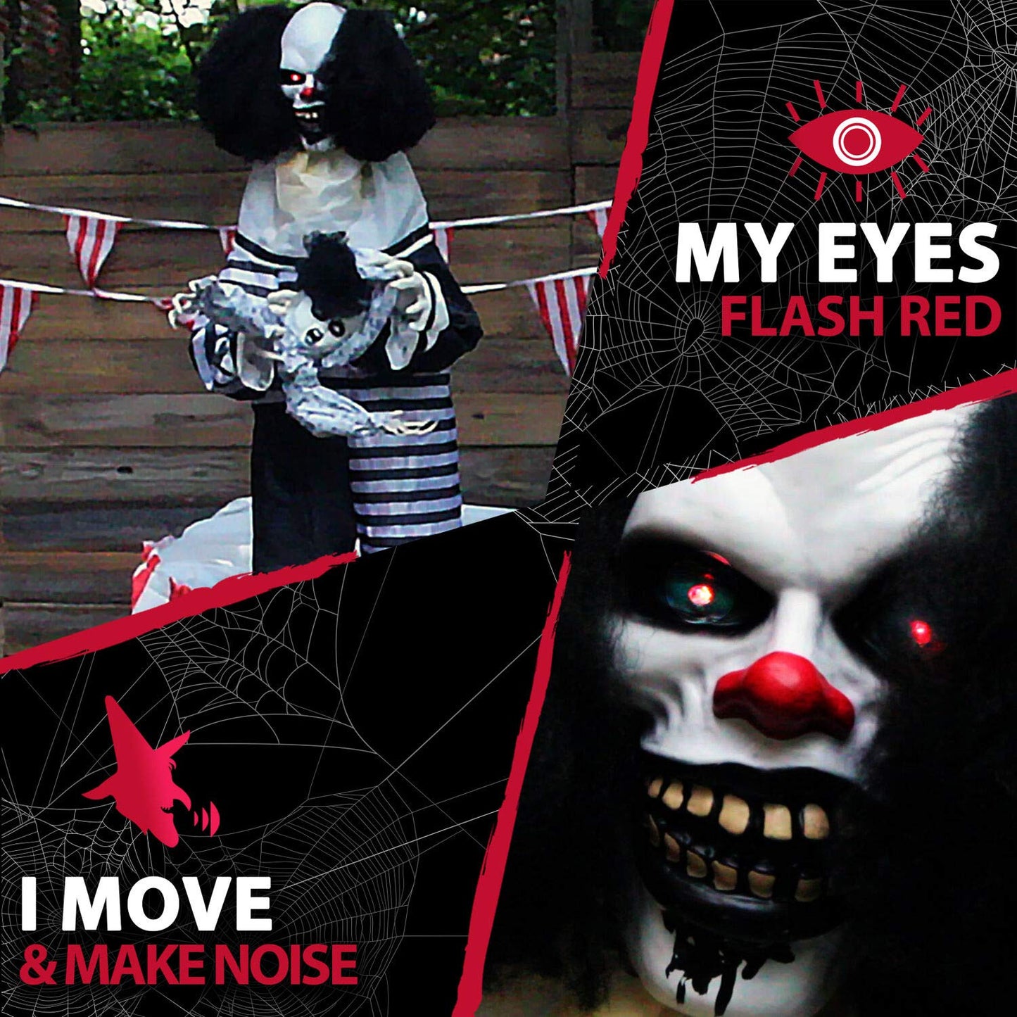 Haunted Hill Farm Life-Size Animatronic Scary Talking Clown with Doll, Motion, Touch Activated Lights, and Sounds, Indoor or Covered Outdoor Halloween Decorations, Battery Operated Halloween Props