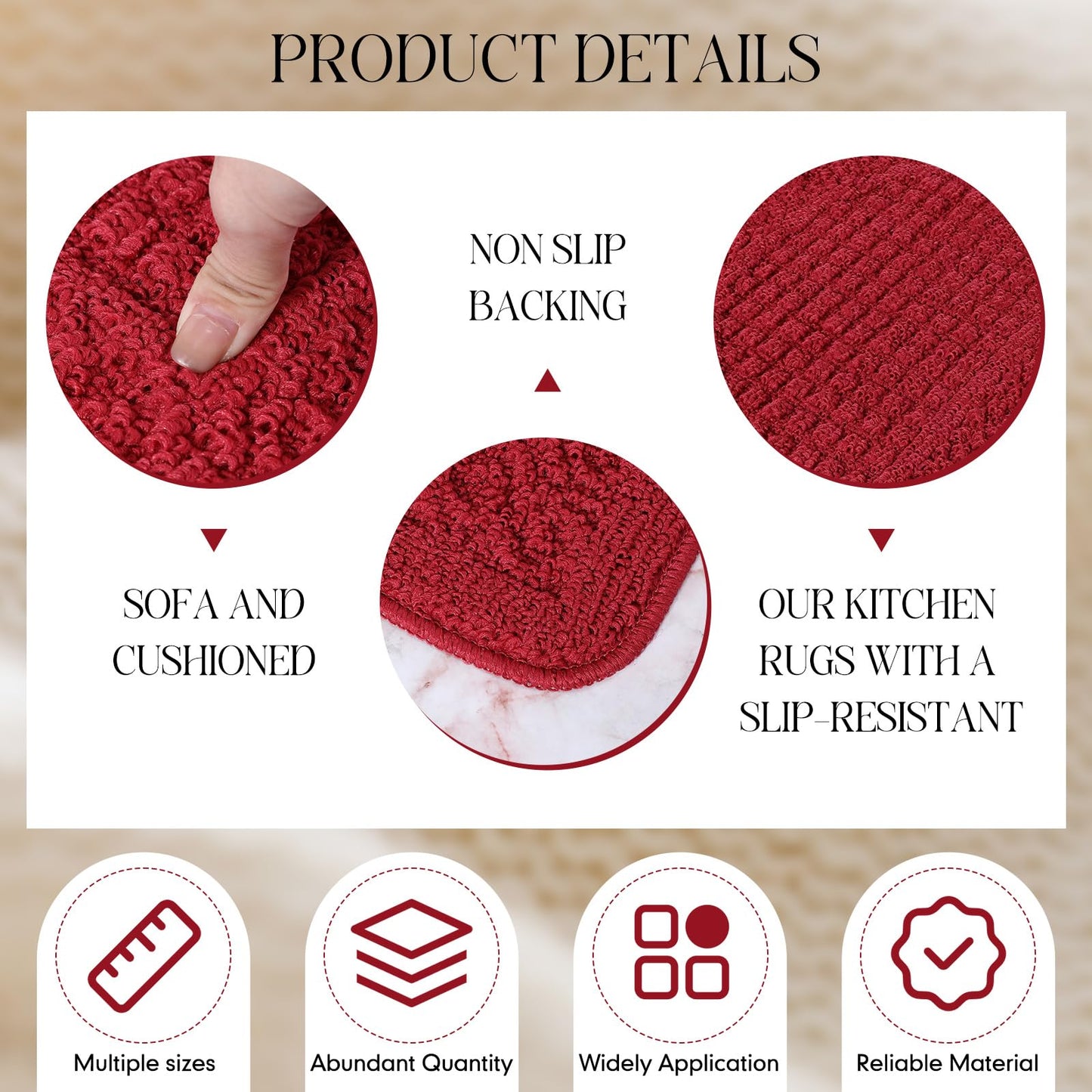 Drydiet 2 Pcs Kitchen Rugs 15 x 22 Inches 18 x 30 Inches Kitchen Mats Non Skid Washable Doormat Indoor Entrance Absorbent Standing Half Circle Carpet for Home Floor Patio Garage Door(Red)