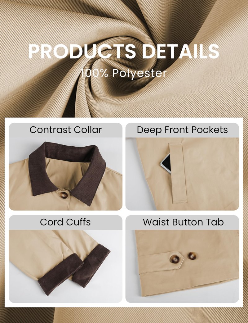 Lviefent Womens Contrast Collar Jacket Casual Button Down Long Sleeves Crop Trench Coat Outerwear with Pockets (Khaki-M)