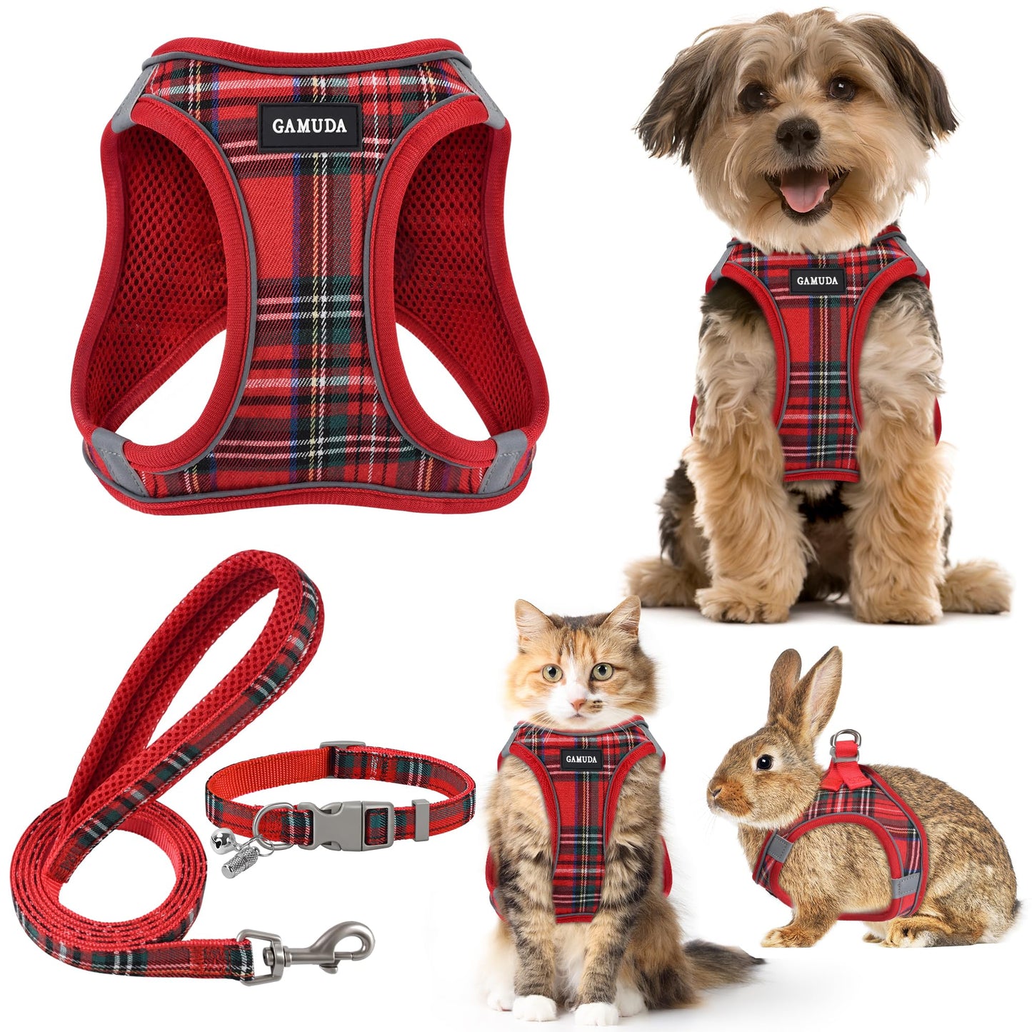 GAMUDA Small Dog Harness Collar and Leash Set, Step in No Chock No Pull Soft Mesh Adjustable Dog Vest Harnesses Plaid Reflective for Dogs Puppy Cats Kitten Rabbit (Red, S)