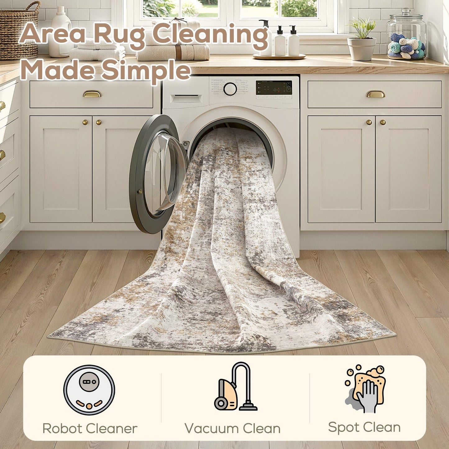 Nakagishi 9X12 Area Rugs for Living Room: Washable Modern Abstract Rug with Non-Slip Silicone Backing Low Pile Soft Carpet for Bedroom & Dining Decor Ideal for Families with Kids and Pets-Brown