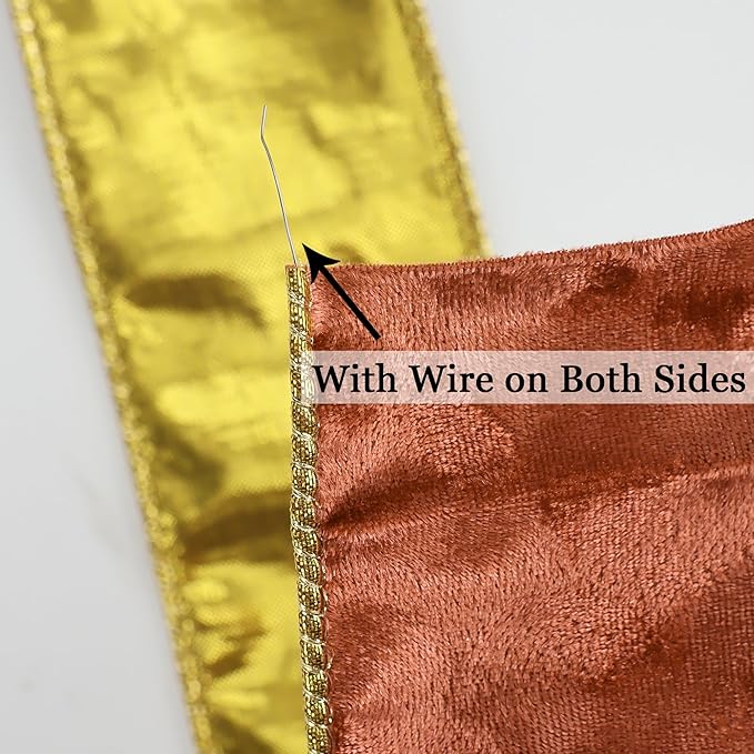 MEEDEE Copper Velvet with Gold Back Double Sided Christmas Wired Ribbon 2-1/2 inch 25 Yards Fall Velvet Ribbon for Christmas Tree, Wreaths, Crafts Bow, Garlands, Gift Wrapping, Seasonal Decorations