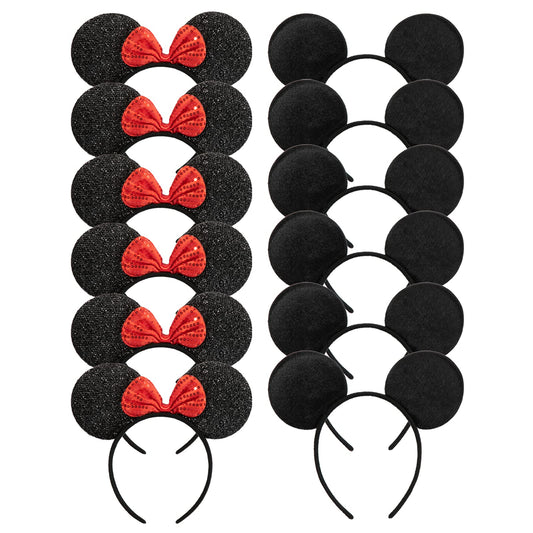 CHuangQi Mouse Ears Headband for Boys and Girls Birthday Party or Celebrations, Solid Black and Red Bow, 12pcs