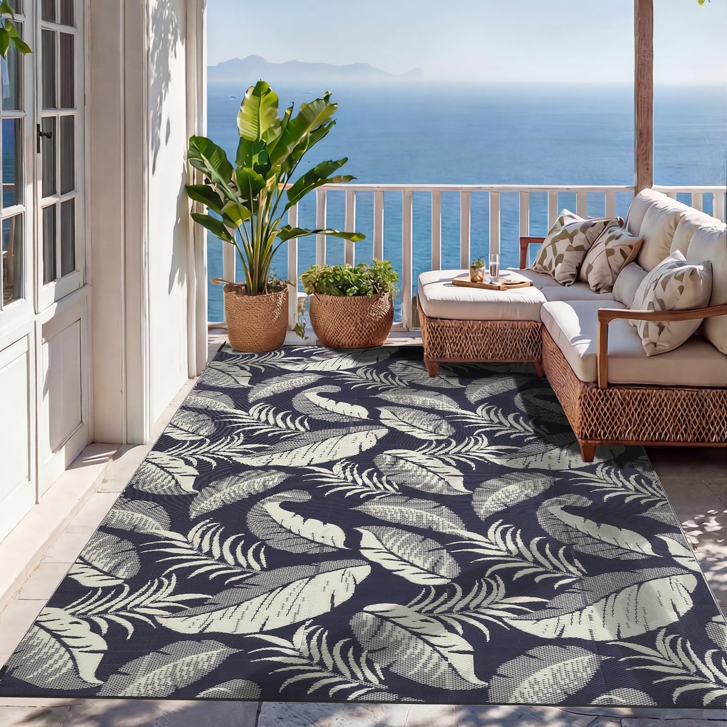 OPPODREAM Reversible Outdoor Rug 8x10, Waterproof Outdoor Plastic Straw Rug for Patio, Tropical Leaf RV Camping Rugs for Outside, Deck, Balcony, Porch, Backyard, Camping, Rv, Navy and Beige