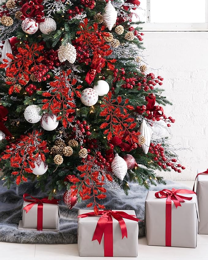 DILATATA 6Pcs Christmas Glitter Leaves Holly Leaves 23" Artificial Red Holly Leaf Picks Sprays Giltter Stems for Christmas Tree DIY Xmas Wreath Garland Home Decor - Red