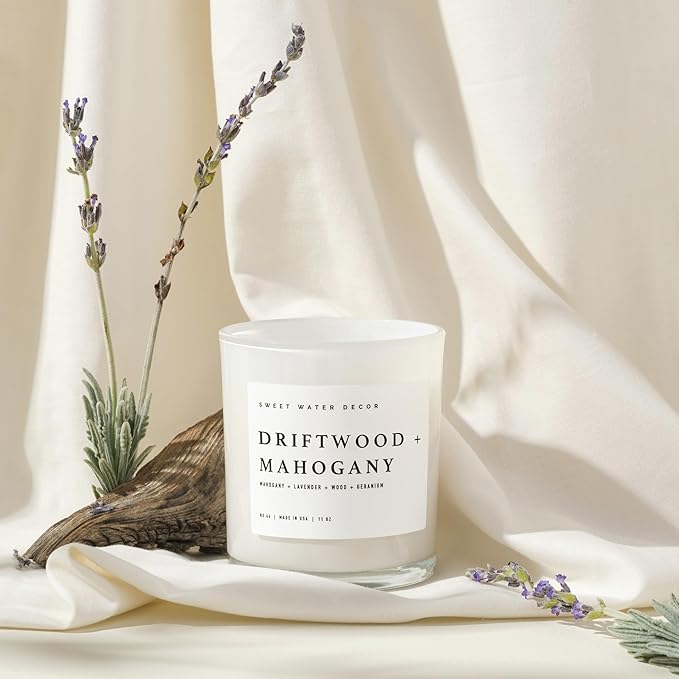 Sweet Water Decor Driftwood and Mahogany Candle - Mahogany, Lavender, Wood, and Geramium Scented Candle for Home - 11oz Jar Candle with Wood Lid, 50+ Hour Burn Time, Made in The USA