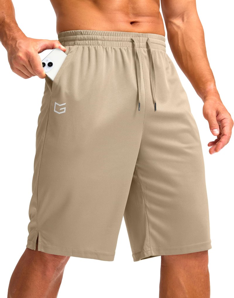 G Gradual Men's Athletic Shorts with Pockets 9" / 11" Long Basketball Shorts Lightweight Quick Dry Gym Workout Shorts for Men(Light Khaki,XL)