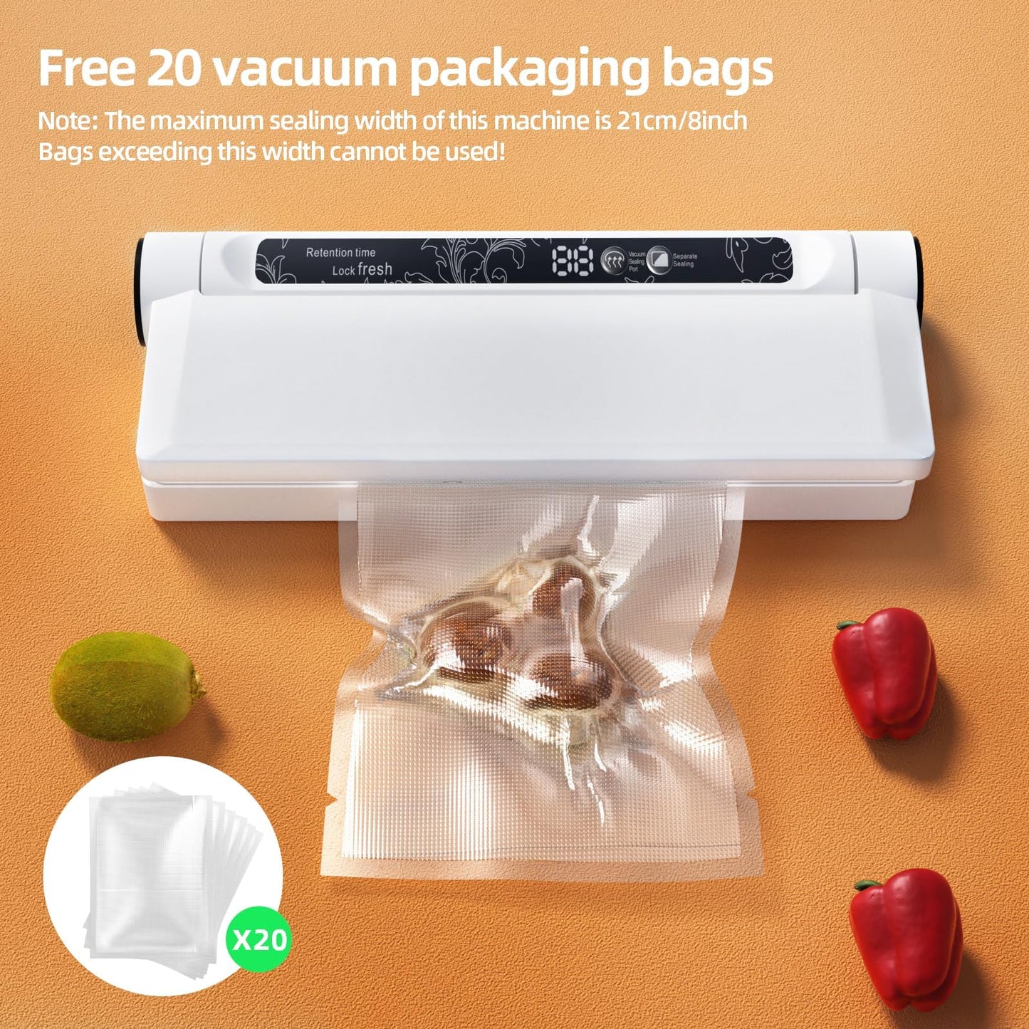 Food Storage Vacuum Sealer Machine, 75KPA Strong Suction, Dry/Wet Modes, 20 Vacuum Seal Bags for Food, Digital Countdown Timer, Compact Lightweight, Ideal for Home Kitchen Use