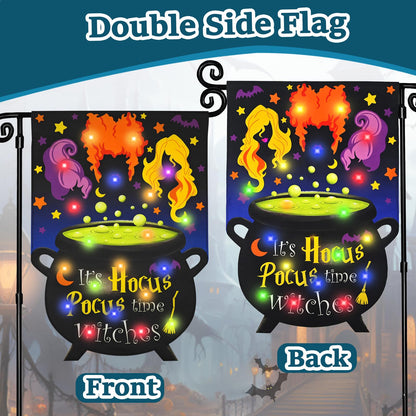 Solar Halloween Lighted Garden Flag for Outside It's Hocus Pocus Time Witches Flags for Patio Lawn Outside Halloween Decorations Garden Decor (12 * 18)