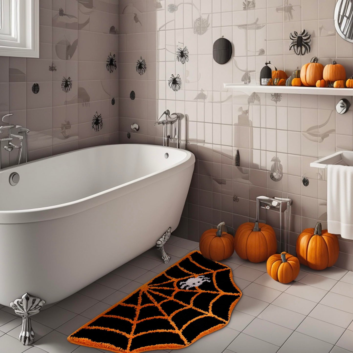 TRUEDAYS Halloween Decor Spider Web Bath Mat for Bathroom, Cute Orange Halloween Decoration Black Half Circle Bath Mat Non Slip Cartoon Shaped Bath Rug Bathroom Mat Plush Shower Rugs Washable