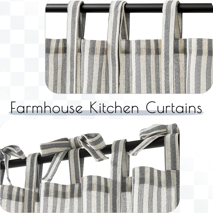 JINCHAN Tie Top Linen Kitchen Curtains 36 Inch Striped Tier Curtains Farmhouse Modern Cafe Style Small Window Treatments Airy Light Filtering Rod Pocket for Living Room Bathroom 2 Panels Charcoal Grey