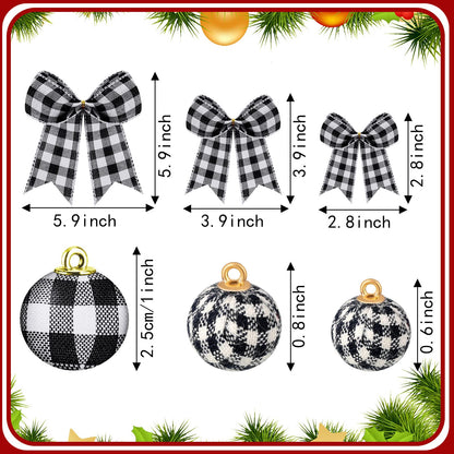 Chuangdi 36 Pcs Christmas Buffalo Plaid Ball Ornament and 12 Pcs Bow - Xmas Tree Hanging Decor for Holiday Farmhouse Party (Black and White, 5.9 Inch and 1 Inch)
